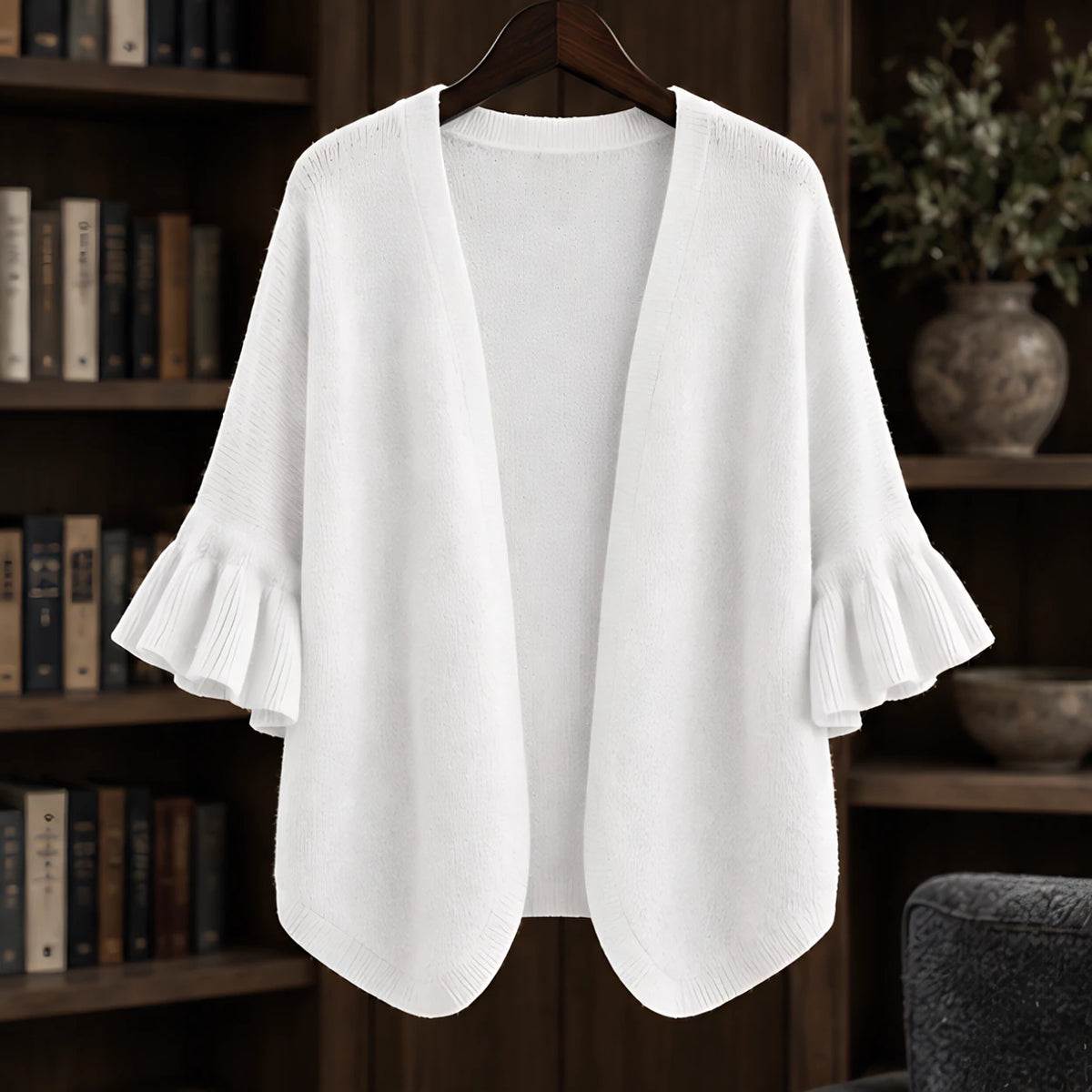 Avielle Women's Ruffle-Cuff Three-Quarter Sleeve Cardigan - White - ai-processed - Hendlys - Image 3