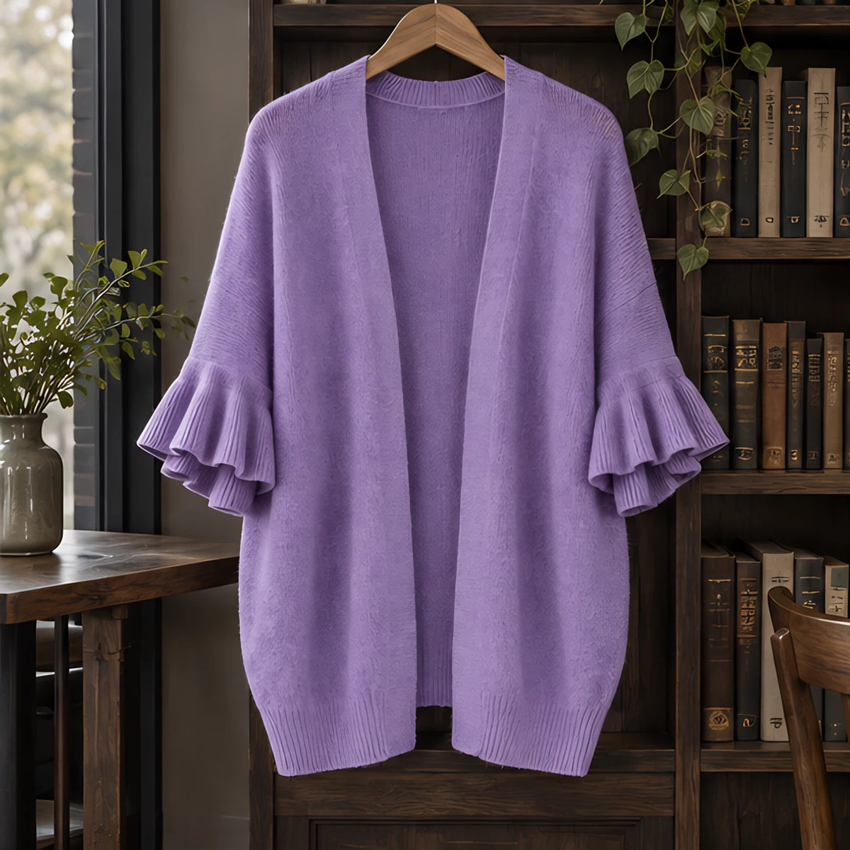 Avielle Women's Ruffle-Cuff Three-Quarter Sleeve Cardigan - Purple - ai-processed - Hendlys - Image 3