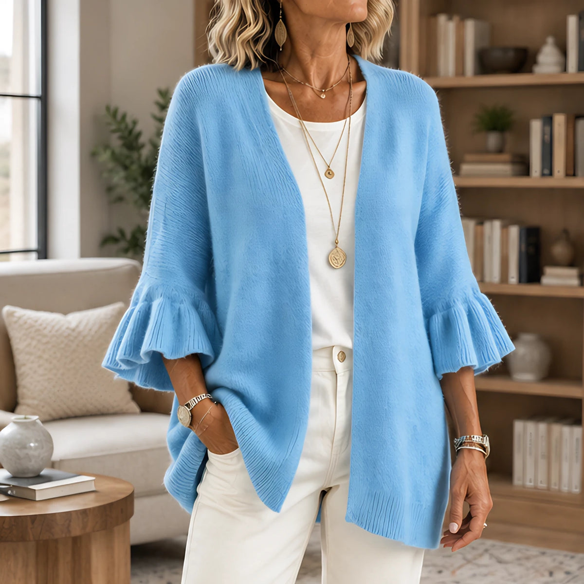 Avielle Women's Ruffle-Cuff Three-Quarter Sleeve Cardigan - Blue - Women's Clothing > Sweaters & Cardigans > Cardigans - Hendlys - Image 1