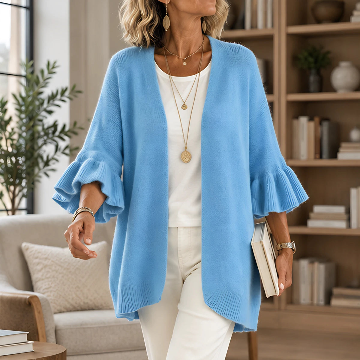 Avielle Women's Ruffle-Cuff Three-Quarter Sleeve Cardigan - Blue - 23 sept - Hendlys - Image 2