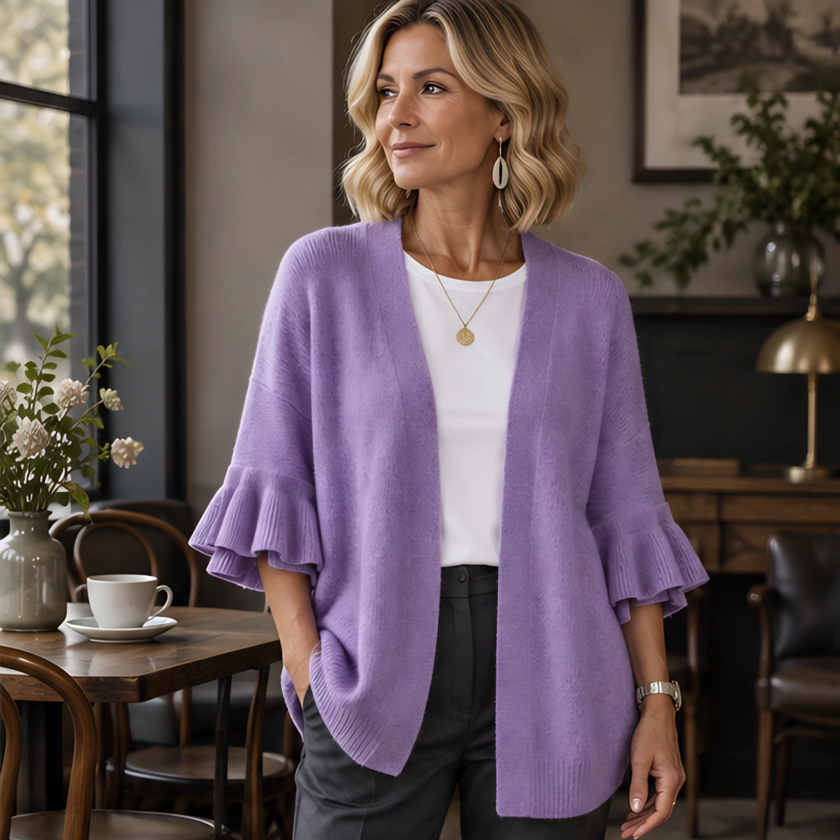Avielle Women's Ruffle-Cuff Three-Quarter Sleeve Cardigan - Purple - Women's Clothing > Sweaters & Cardigans > Cardigans - Hendlys - Image 1