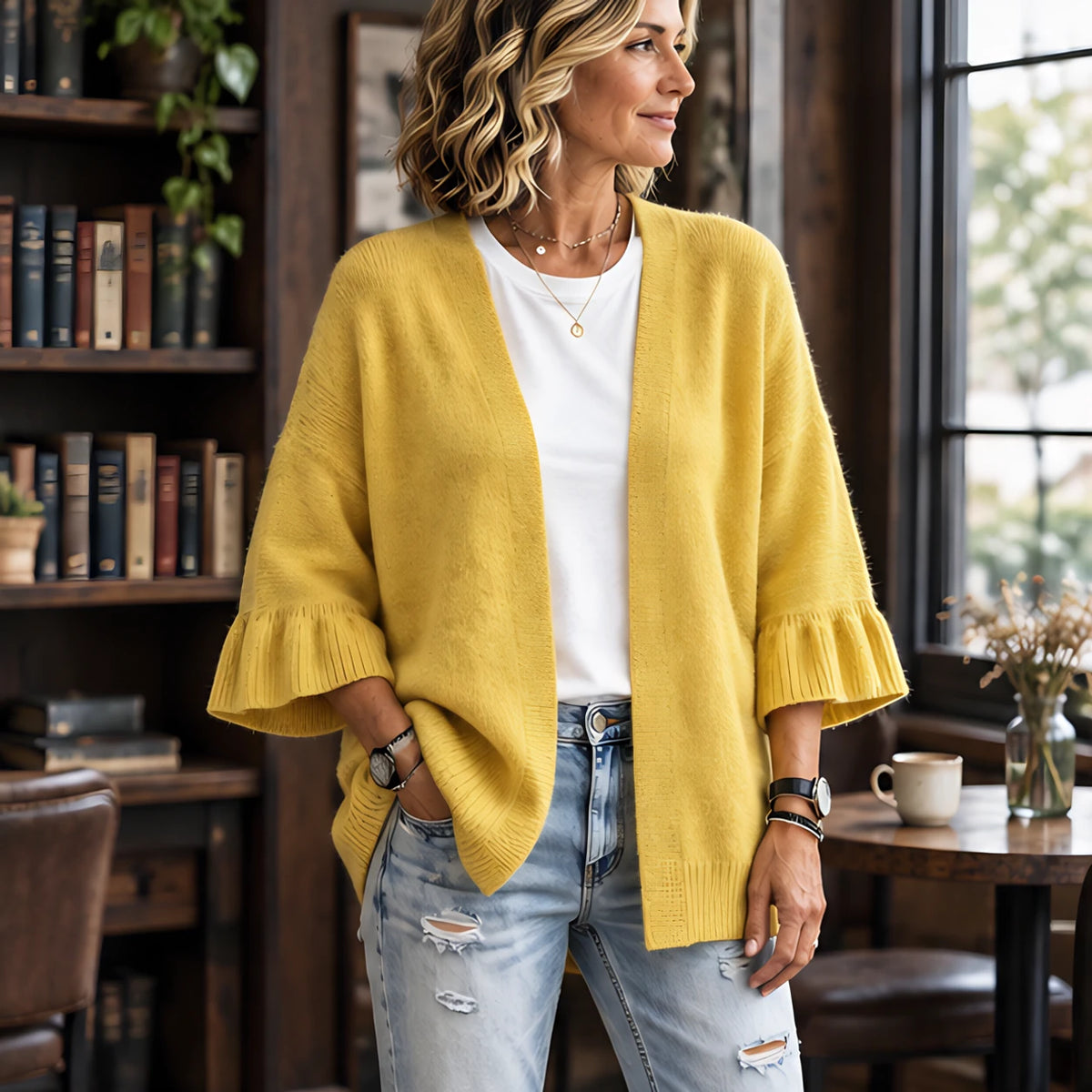 Avielle Women's Ruffle-Cuff Three-Quarter Sleeve Cardigan - Yellow - Women's Clothing > Sweaters & Cardigans > Cardigans - Hendlys - Image 1