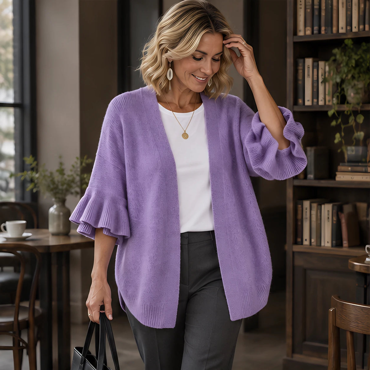 Avielle Women's Ruffle-Cuff Three-Quarter Sleeve Cardigan - Purple - 23 sept - Hendlys - Image 2