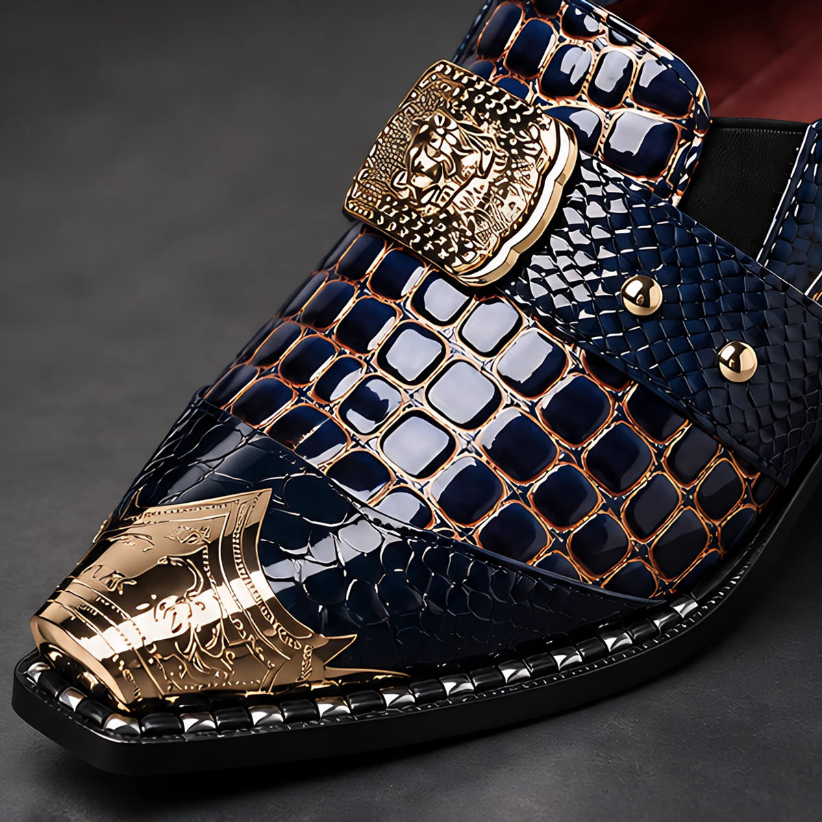 Bellarno Men's Croc-Embossed Metal-Toe Dress Shoes - Navy Blue - Men's Footwear > Dress Shoes > Monk Strap Shoes - Hendlys - Image 3