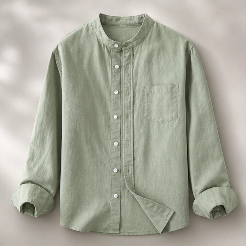 Amalfi Linen Mandarin Collar Shirt - Green - Shirt - Hendlys - Image 1