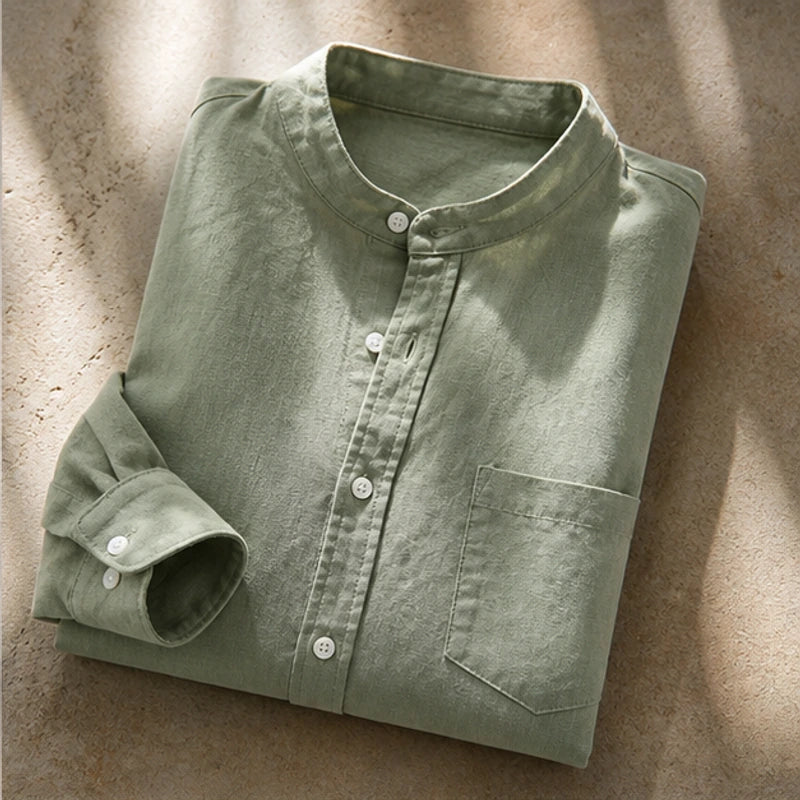 Amalfi Linen Mandarin Collar Shirt - Green - men's shirts - Hendlys - Image 2