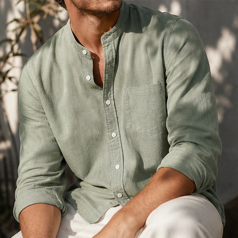 Amalfi Linen Mandarin Collar Shirt - Green - spring shirt - Hendlys - Image 7