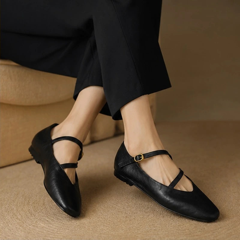 Calista Leather Mary Jane Flats - Black - Women's Footwear > Flats > Mary Jane Flats - Hendlys - Image 1