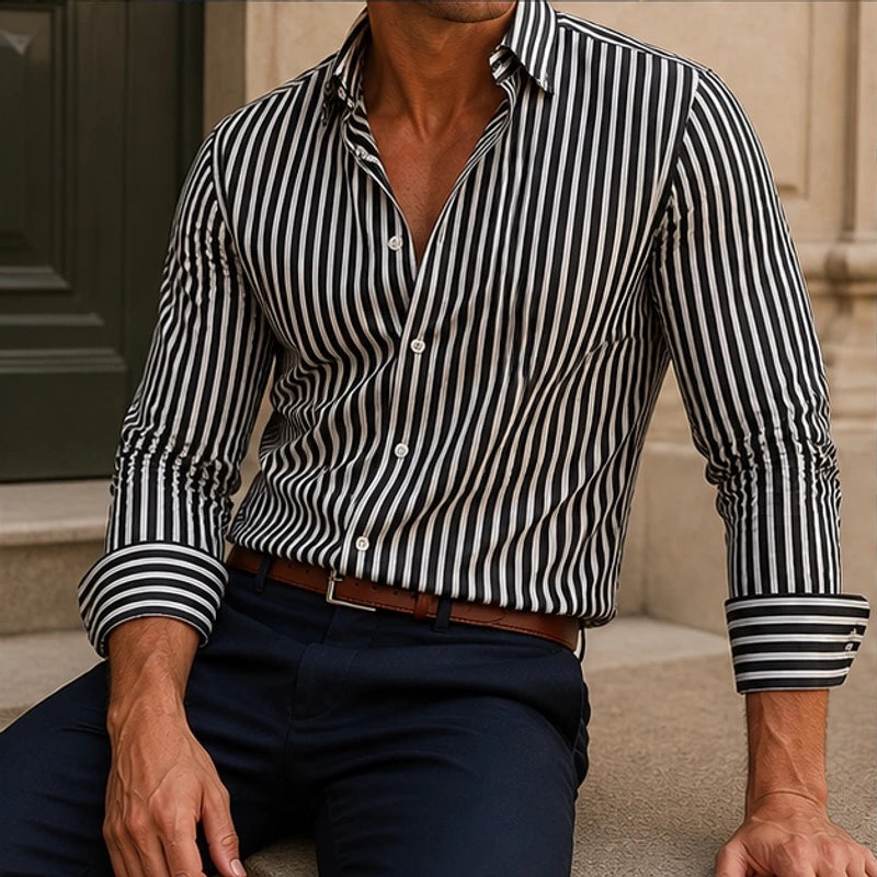Calmere Stripe Button Shirt - Black - men's shirt - Hendlys - Image 2