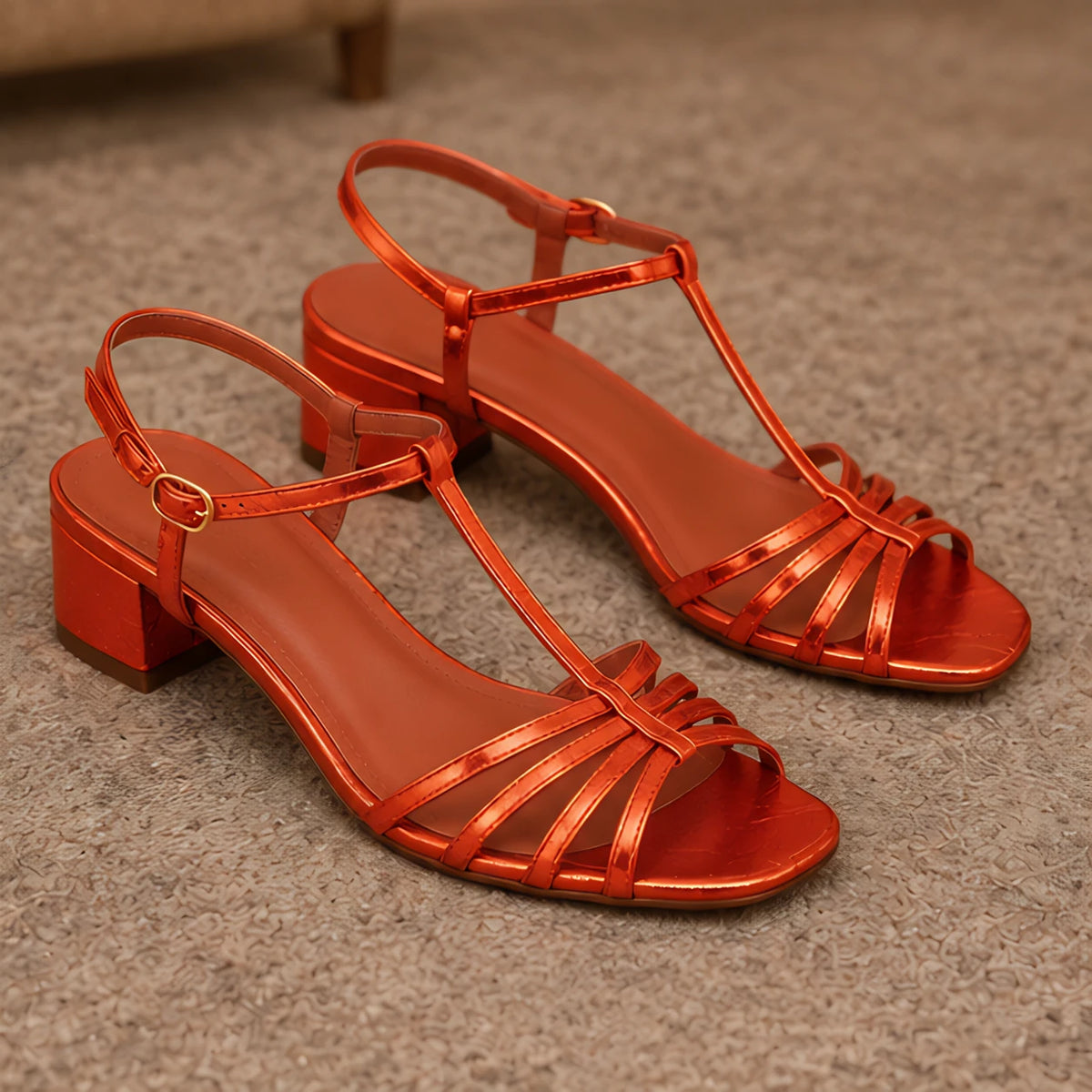Carlotta Women's T-Strap Low-Heel Sandals - Orange - Footwear Style: Sandals - Hendlys - Image 4