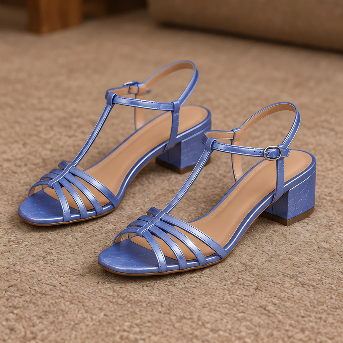 Carlotta Women's T-Strap Low-Heel Sandals - Blue - Footwear Style: Sandals - Hendlys - Image 4