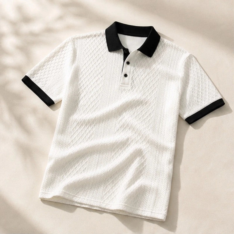 Caspian Textured Jacquard Polo - White - Polo - Hendlys - Image 1