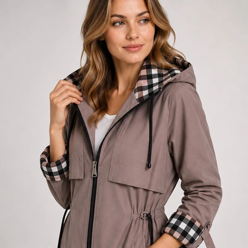 Cecily Plaid-Lined Hooded Long Jacket - Brown - Women's Outerwear > Long Hooded Jackets - Hendlys - Image 1