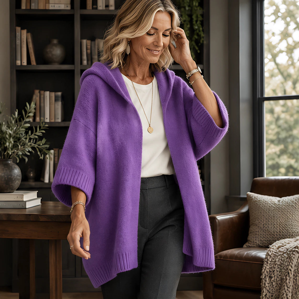 Celandria Women's Hooded Poncho Cardigan - Purple - 23 sept - Hendlys - Image 2