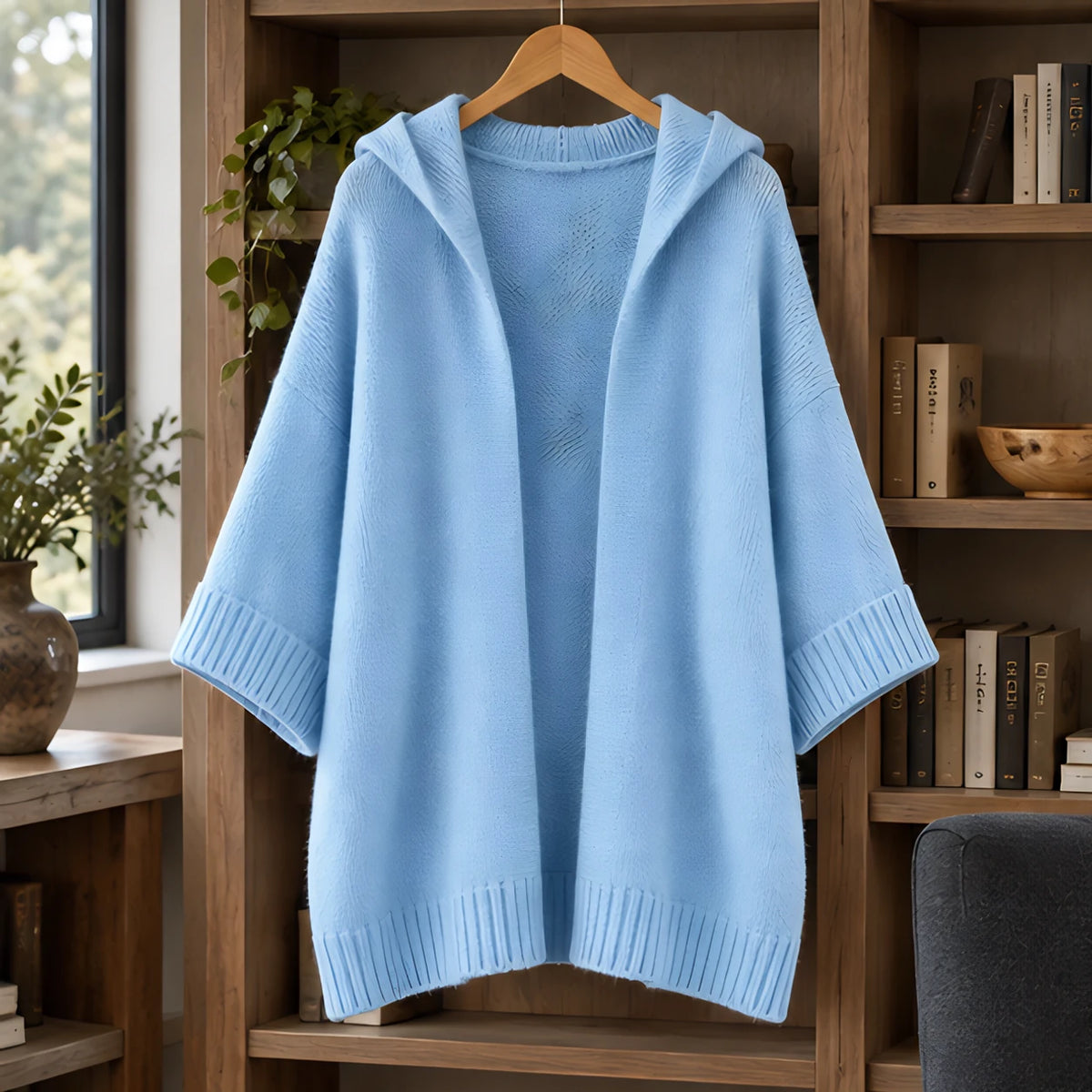 Celandria Women's Hooded Poncho Cardigan - Sky Blue - ai-processed - Hendlys - Image 3