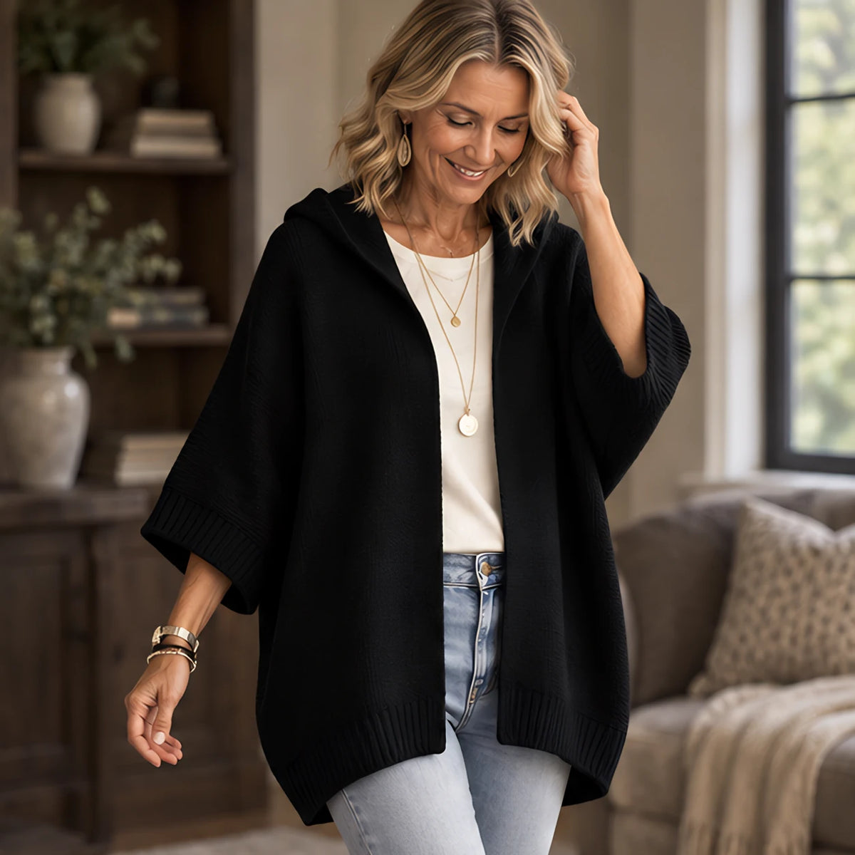 Celandria Women's Hooded Poncho Cardigan - Black - 23 sept - Hendlys - Image 2