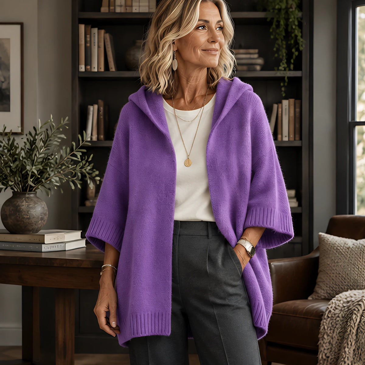 Celandria Women's Hooded Poncho Cardigan - Purple - Women's Clothing > Sweaters & Cardigans > Cardigans - Hendlys - Image 1