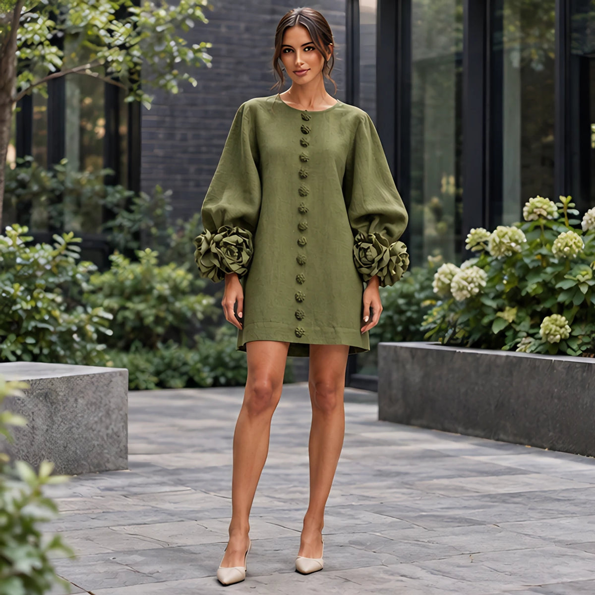 Clarissa Women's Ruffle Sleeve Mini Dress - Olive Green - Women's Clothing > Dresses > Mini Dresses - Hendlys - Image 1