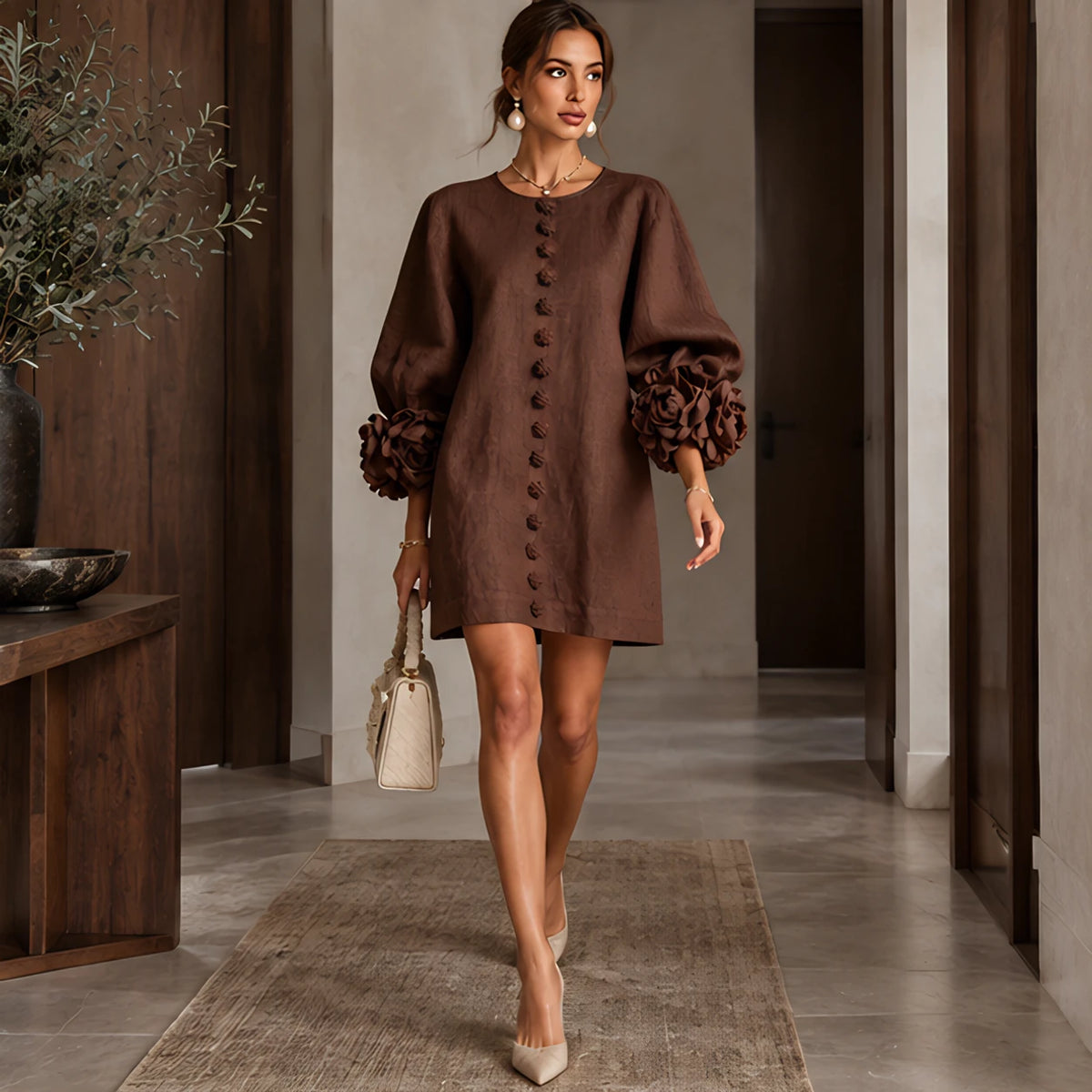Clarissa Women's Ruffle Sleeve Mini Dress - Brown - 21/8 - Hendlys - Image 2