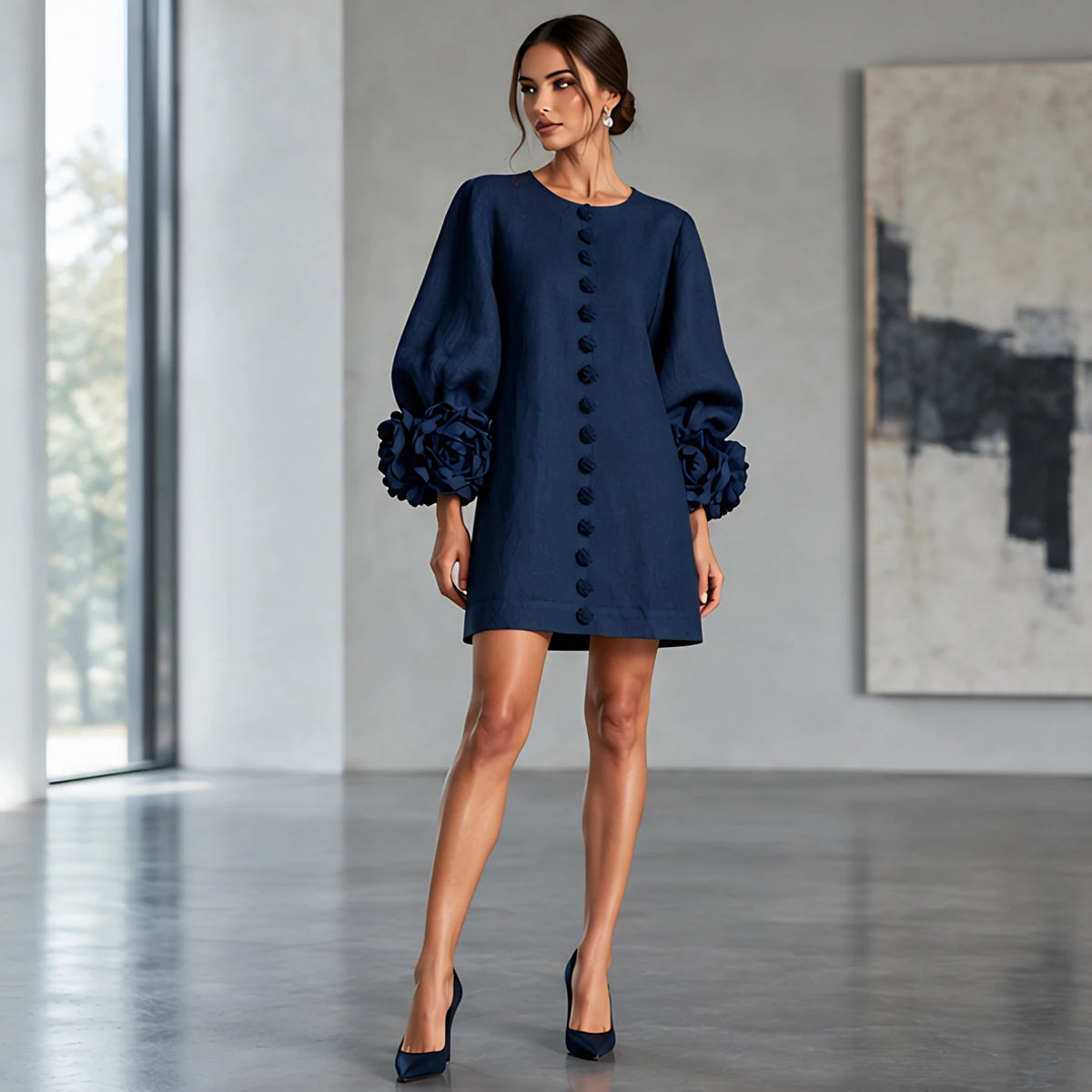 Clarissa Women's Ruffle Sleeve Mini Dress - Navy Blue - Women's Clothing > Dresses > Mini Dresses - Hendlys - Image 1