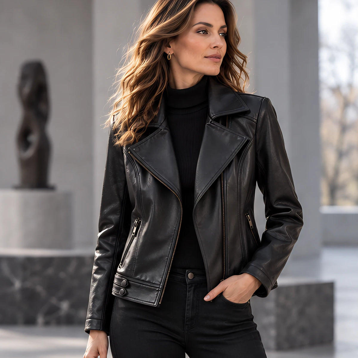 Coralie Notched-Lapel Leather Moto Jacket - Black - Women's Clothing > Outerwear > Moto Jackets - Hendlys - Image 1
