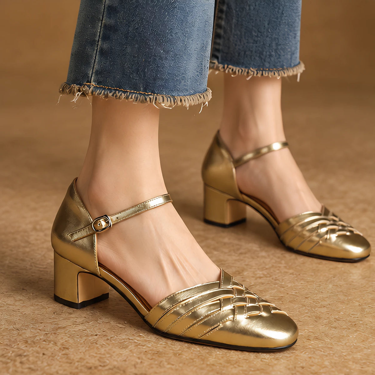 Coralie Women's Round-Toe Leather Heels - Gold - Women's Footwear > Heels > Block Heel Pumps - Hendlys - Image 1