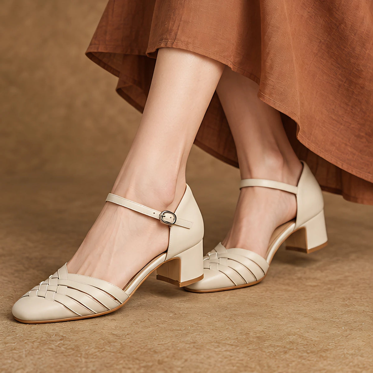 Coralie Women's Round-Toe Leather Heels - Beige - Women's Footwear > Heels > Block Heel Pumps - Hendlys - Image 4