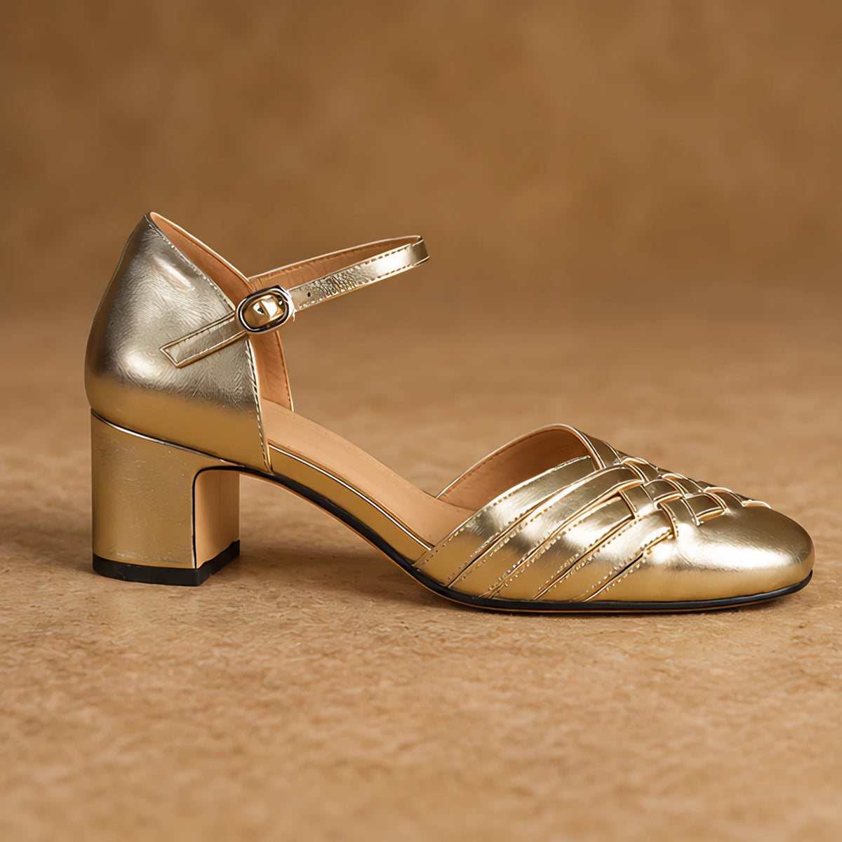 Coralie Women's Round-Toe Leather Heels - Gold - Shoes - Hendlys - Image 3