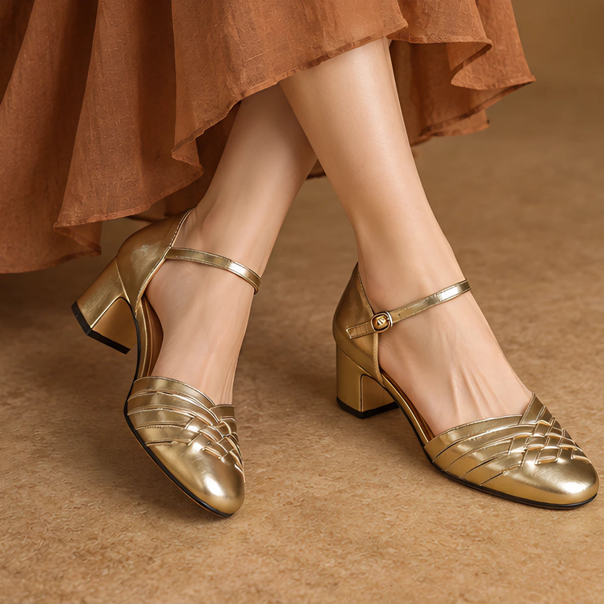 Coralie Women's Round-Toe Leather Heels - Gold - Women's Footwear > Heels > Block Heel Pumps - Hendlys - Image 4