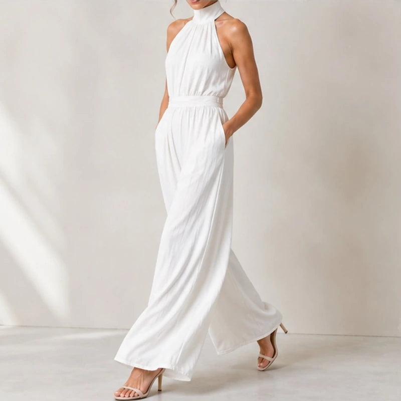 Cresselle Pocketed Halter Wide-Leg Jumpsuit - White - Women's Clothing > Jumpsuits > Halter Wide-Leg Jumpsuits - Hendlys - Image 1