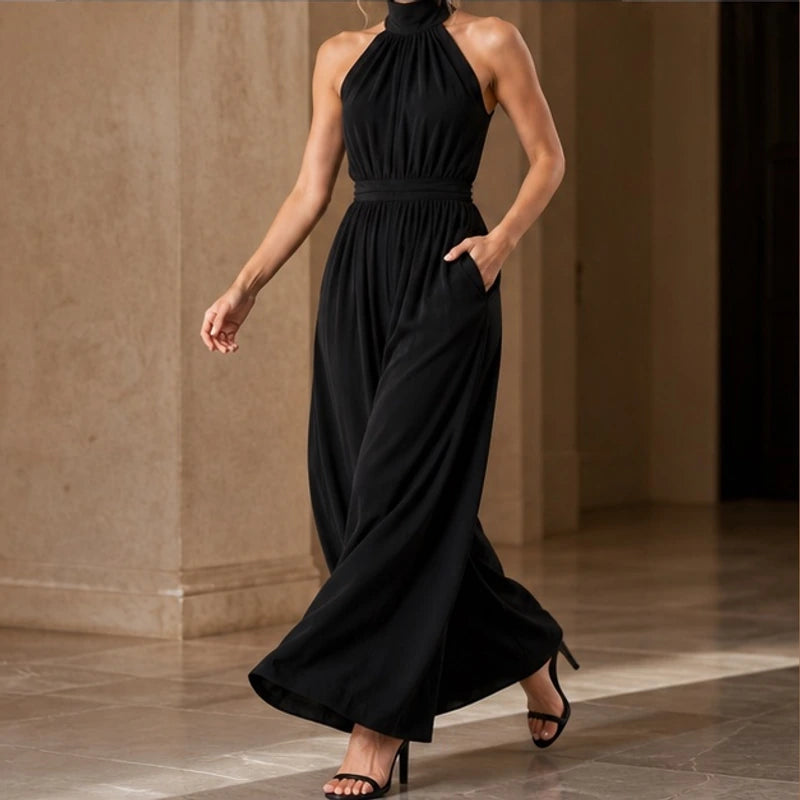 Cresselle Pocketed Halter Wide-Leg Jumpsuit - Black - Women's Clothing > Jumpsuits > Halter Wide-Leg Jumpsuits - Hendlys - Image 1