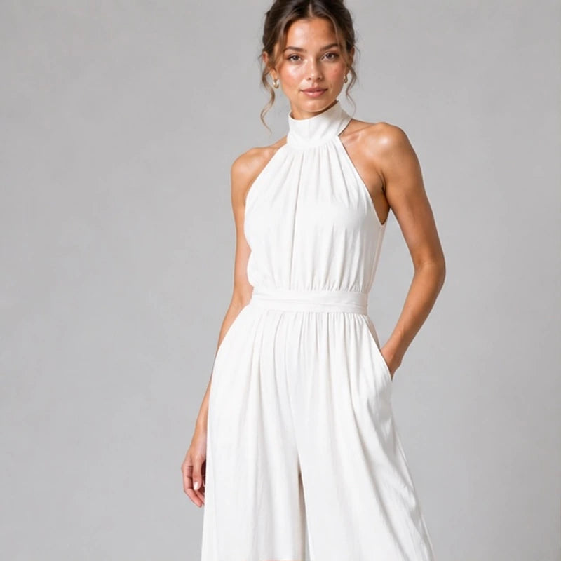 Cresselle Pocketed Halter Wide-Leg Jumpsuit - White - Women's - Hendlys - Image 2
