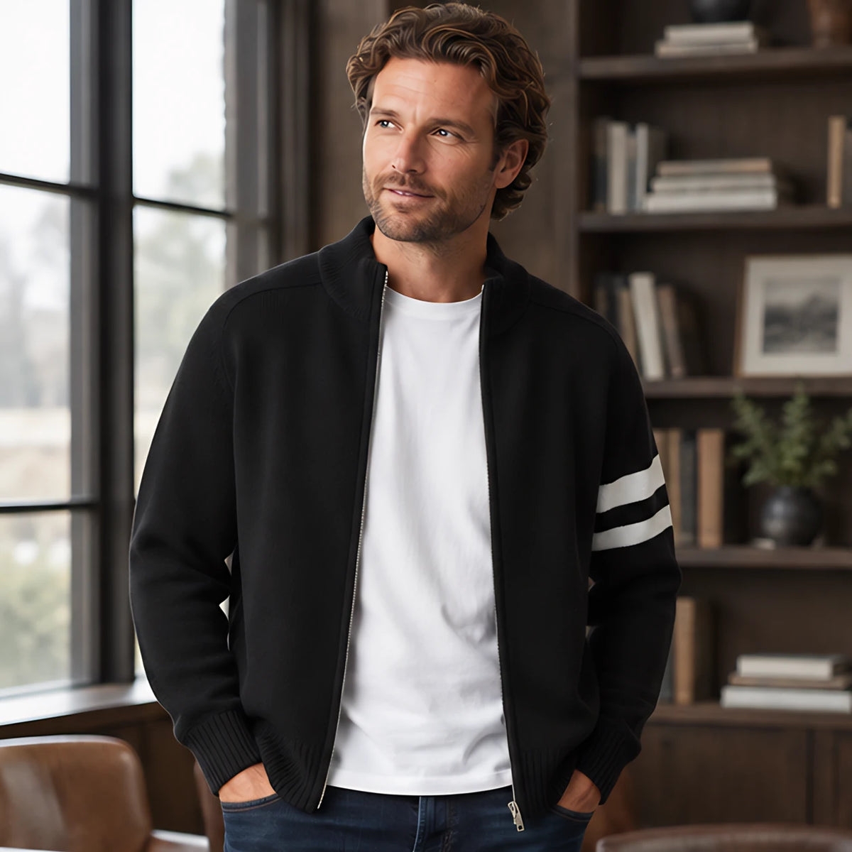 Drayton Men's Striped Full-Zip Knit Sweater - Charcoal - Clothing > Sweaters & Cardigans > Full-Zip Sweaters - Hendlys - Image 1