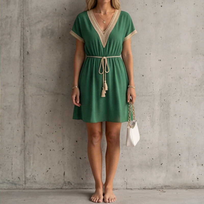 Comporta Lace Midi Dress - Green - v-neck dress - Hendlys - Image 5