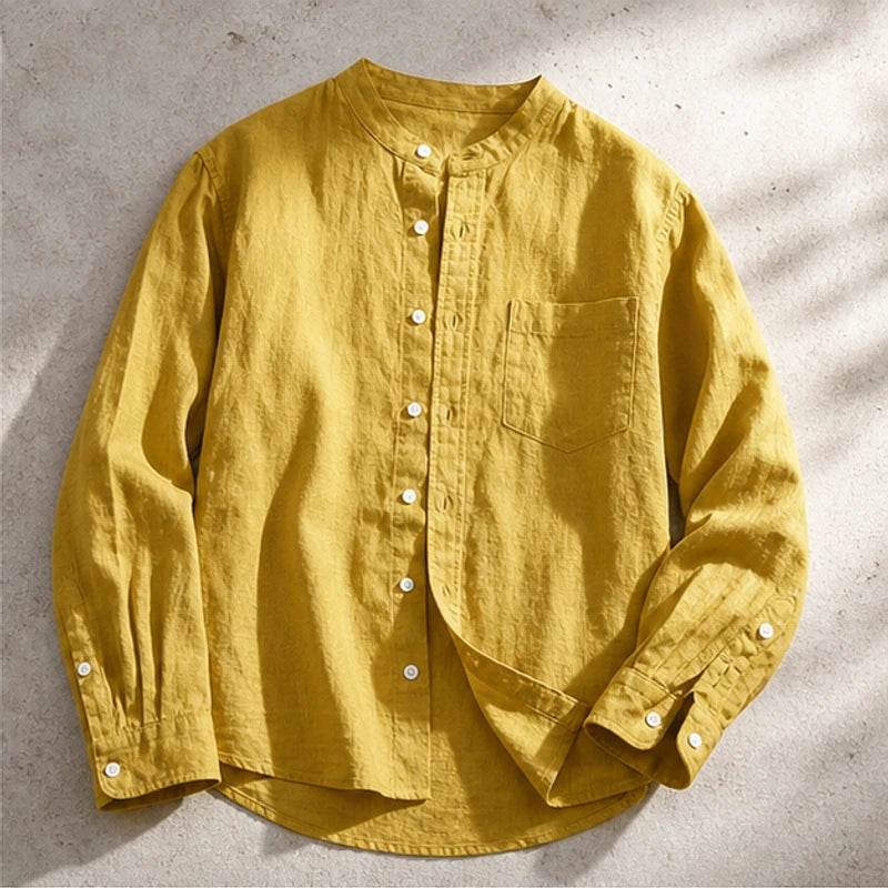 Amalfi Linen Mandarin Collar Shirt - Mustard - men's shirts - Hendlys - Image 2