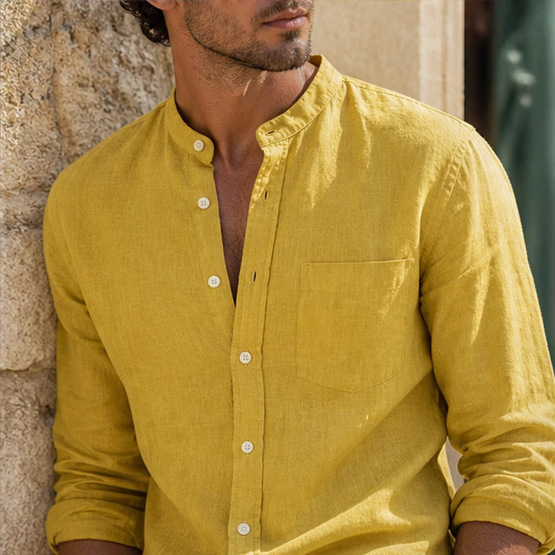 Amalfi Linen Mandarin Collar Shirt - Mustard - summer layers - Hendlys - Image 8