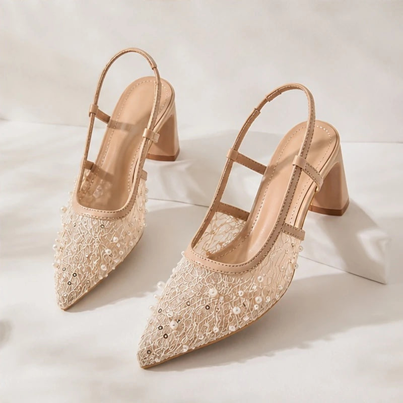 Elaris Pearl Lace Slingback Heels - lace heels - Hendlys - Image 4