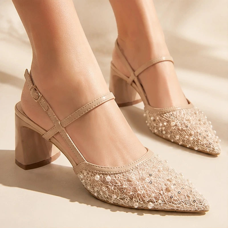 Elaris Pearl Lace Slingback Heels - Heels - Hendlys - Image 1