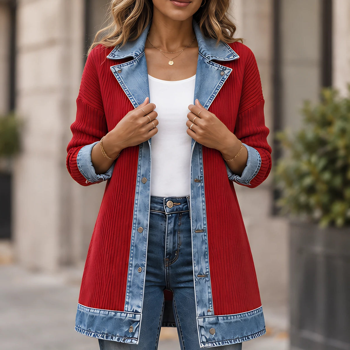 Eleri Women's Denim-Panel Ribbed Knit Coat - Red - CLO-OUT-LIGHT - Hendlys - Image 4
