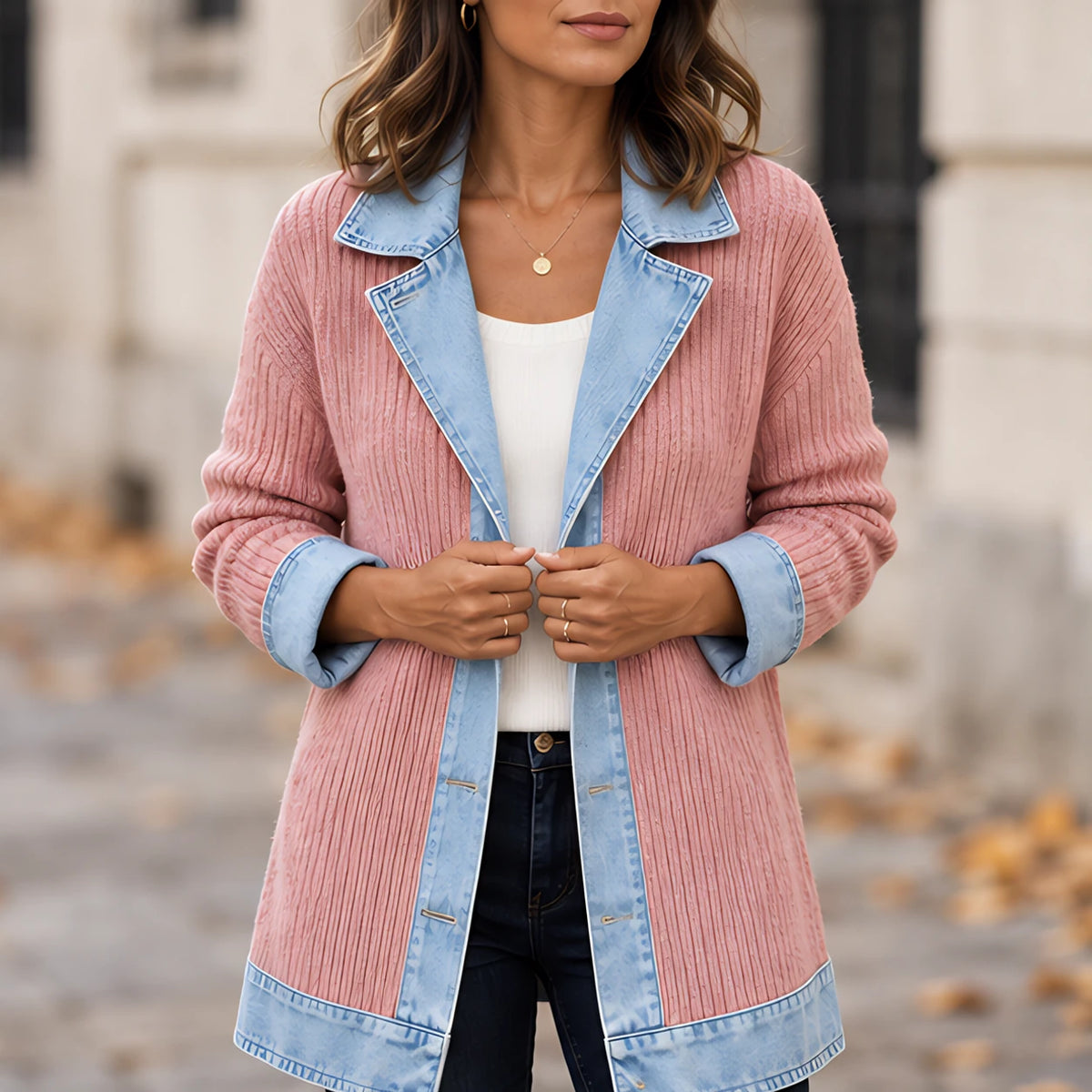 Eleri Women's Denim-Panel Ribbed Knit Coat - Pink - CLO-OUT-LIGHT - Hendlys - Image 4
