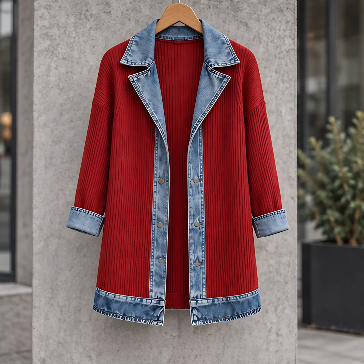 Eleri Women's Denim-Panel Ribbed Knit Coat - Red - CLO - Hendlys - Image 2