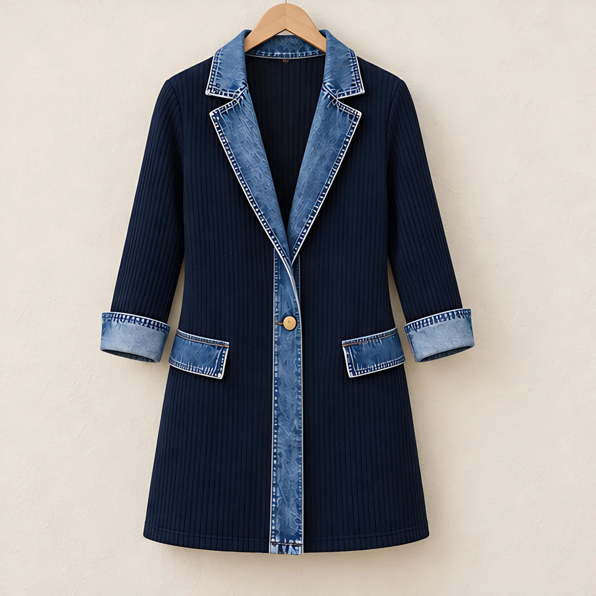 Eleri Women's Denim-Panel Ribbed Knit Coat - Navy - MAT-KNIT - Hendlys - Image 6