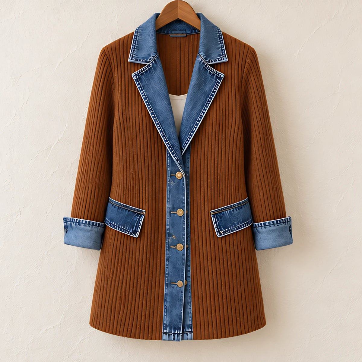 Eleri Women's Denim-Panel Ribbed Knit Coat - Rust - MAT-KNIT - Hendlys - Image 6