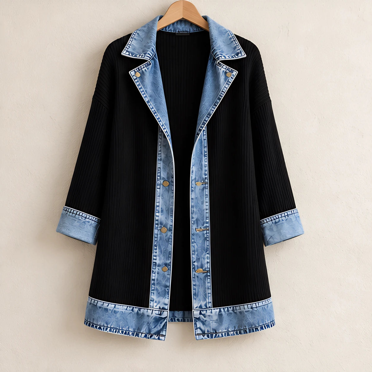Eleri Women's Denim-Panel Ribbed Knit Coat - Black - MAT-KNIT - Hendlys - Image 6