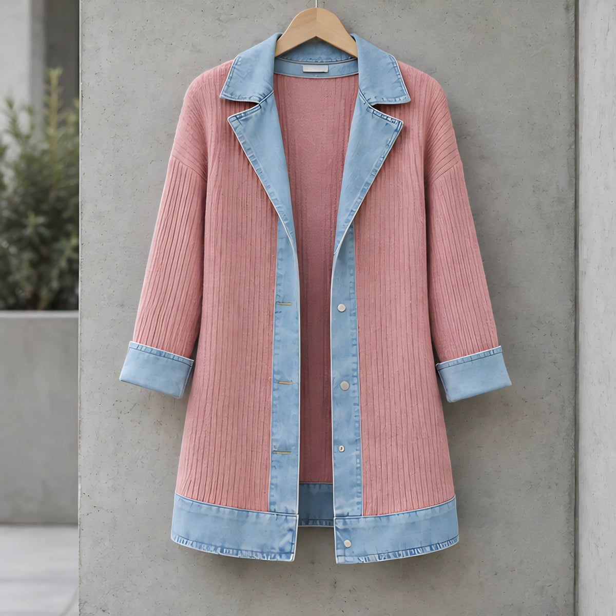 Eleri Women's Denim-Panel Ribbed Knit Coat - Pink - CLO - Hendlys - Image 2