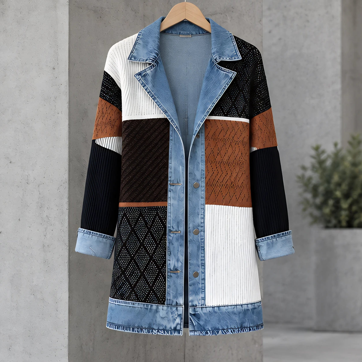Eleri Women's Denim-Panel Ribbed Knit Coat - Color Block - CLO - Hendlys - Image 2