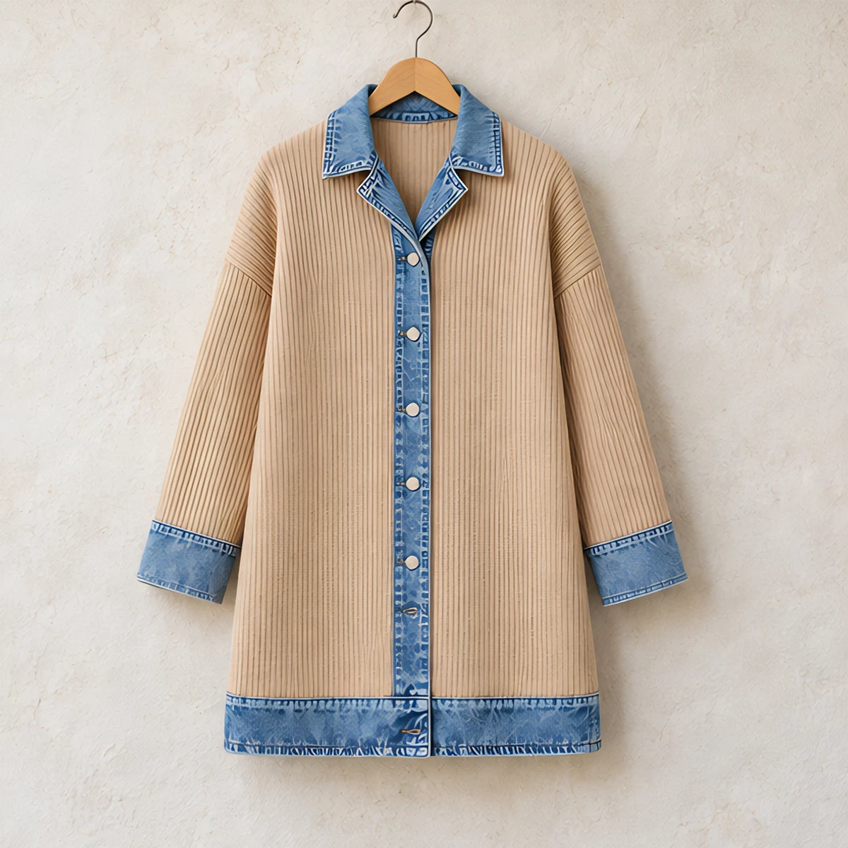 Eleri Women's Denim-Panel Ribbed Knit Coat - Khaki - MAT-KNIT - Hendlys - Image 6