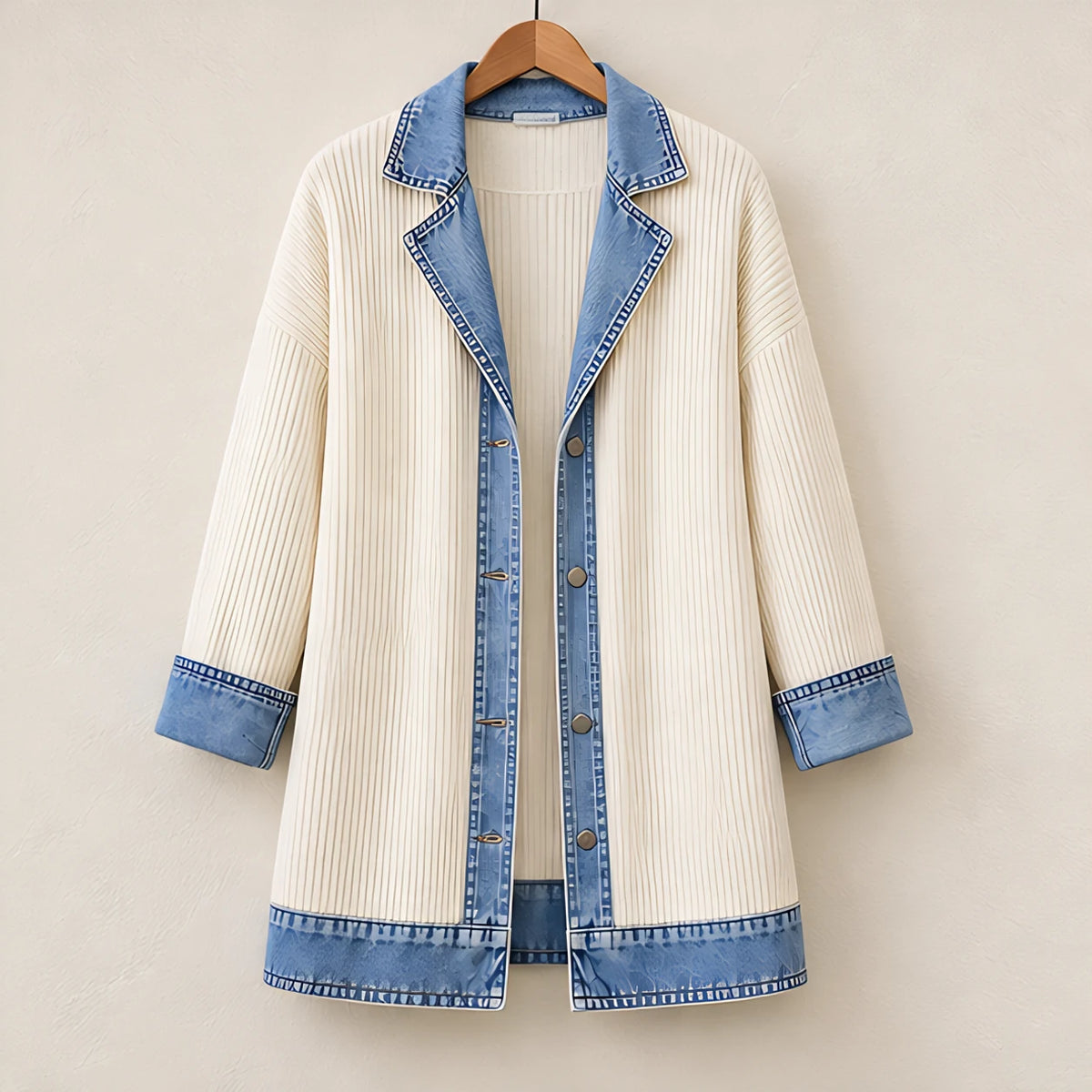 Eleri Women's Denim-Panel Ribbed Knit Coat - White - MAT-KNIT - Hendlys - Image 6
