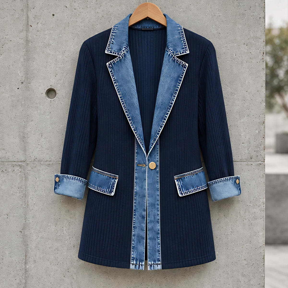Eleri Women's Denim-Panel Ribbed Knit Coat - Navy - CLO - Hendlys - Image 2