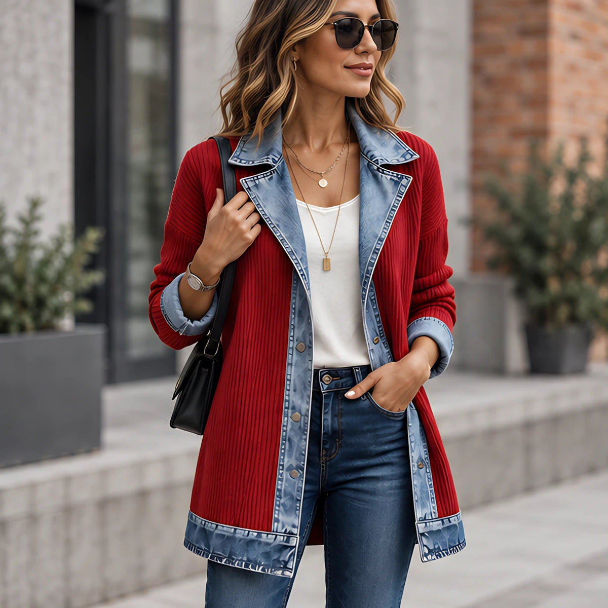 Eleri Women's Denim-Panel Ribbed Knit Coat - Red - Women's Clothing > Sweaters & Cardigans > Longline Cardigans - Hendlys - Image 1